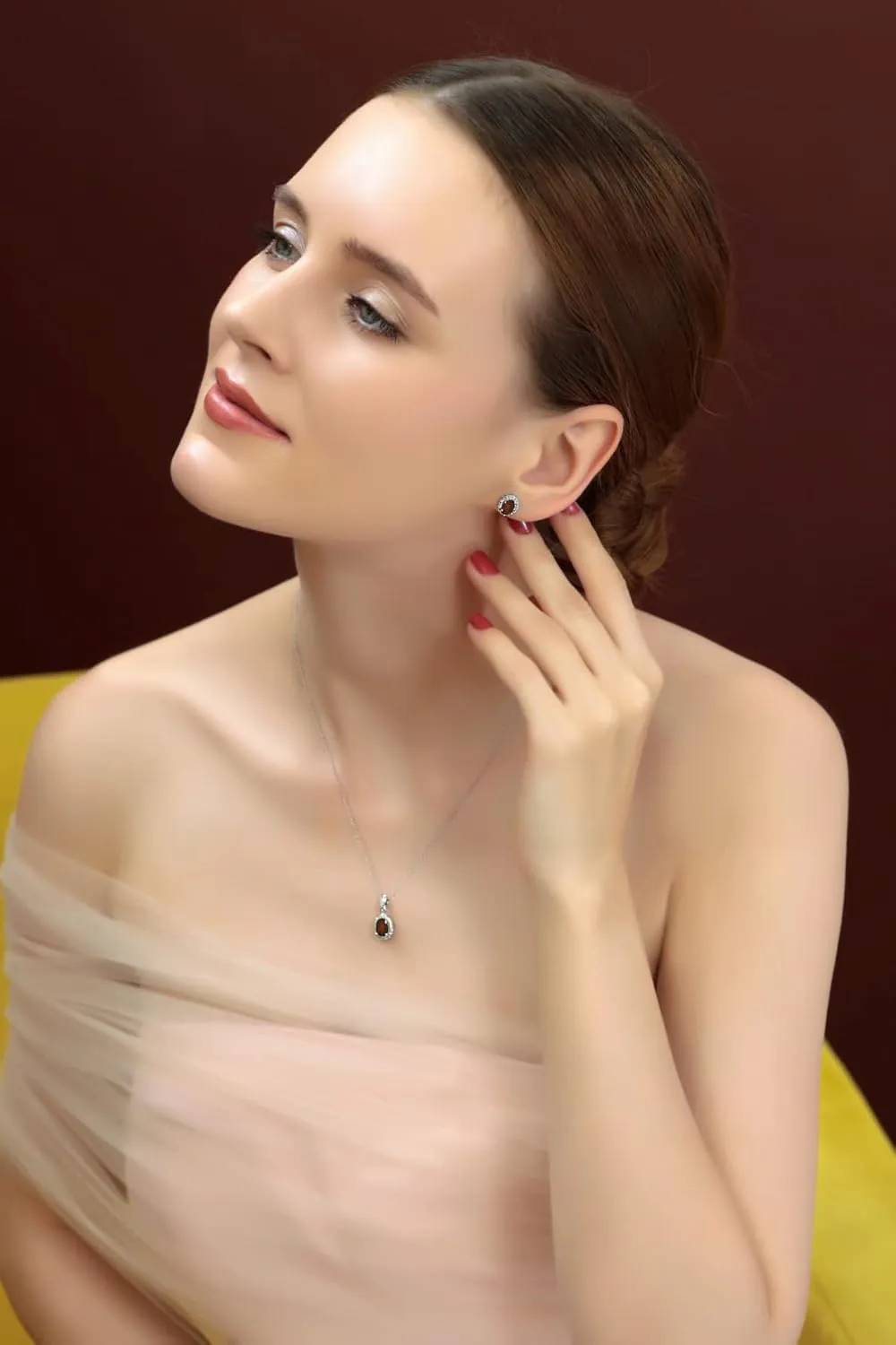 B. BRILLIANT Sterling Silver Genuine or Synthetic Gemstone Oval Halo Necklace & Earrings Jewelry Set for Women Bridesmaids