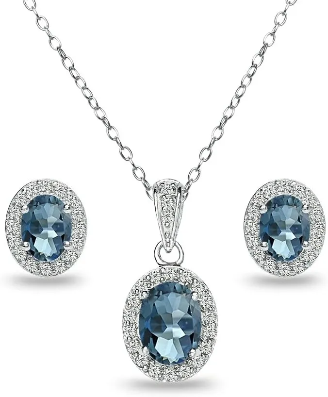 B. BRILLIANT Sterling Silver Genuine or Synthetic Gemstone Oval Halo Necklace & Earrings Jewelry Set for Women Bridesmaids