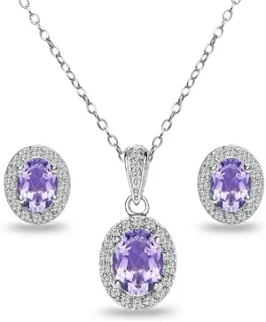 B. BRILLIANT Sterling Silver Genuine or Synthetic Gemstone Oval Halo Necklace & Earrings Jewelry Set for Women Bridesmaids
