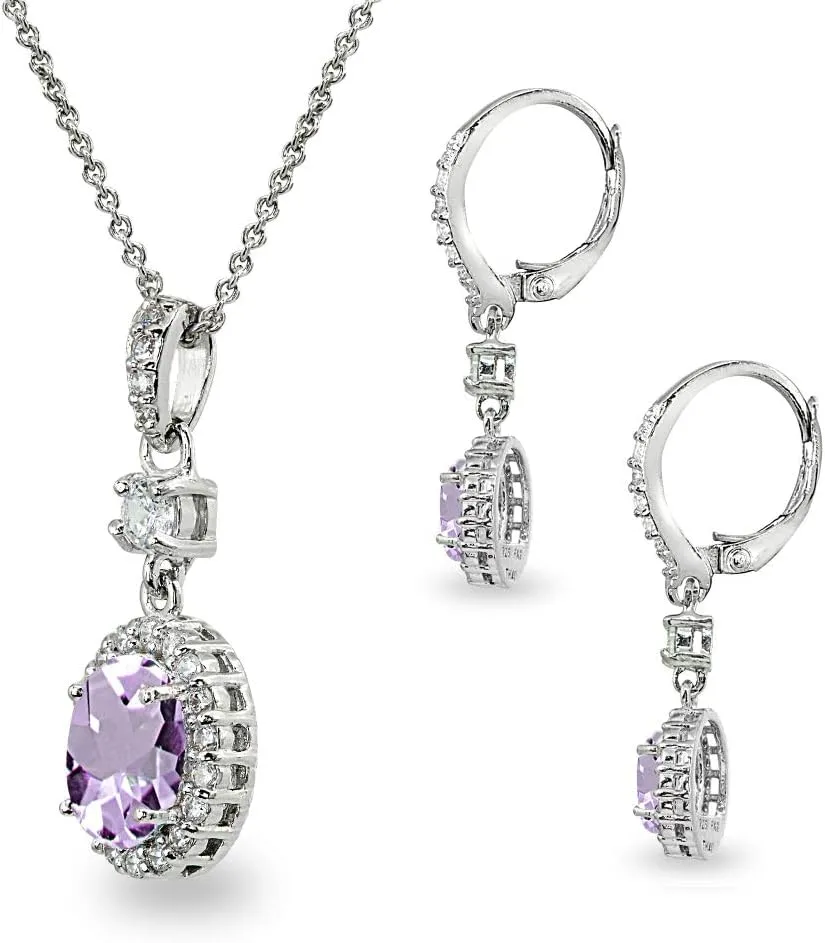 B. BRILLIANT Sterling Silver Genuine or Synthetic Gemstone Oval Halo Pendant Necklace & Dangle Earrings Jewelry Set for Women with Box