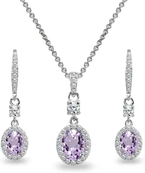 B. BRILLIANT Sterling Silver Genuine or Synthetic Gemstone Oval Halo Pendant Necklace & Dangle Earrings Jewelry Set for Women with Box