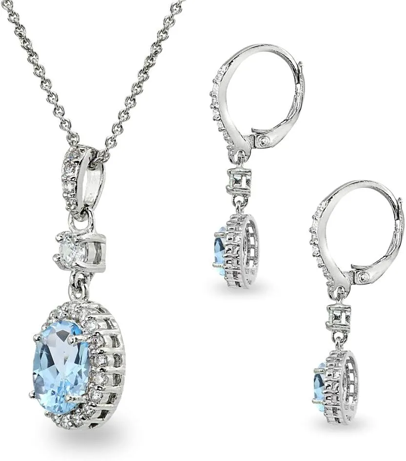 B. BRILLIANT Sterling Silver Genuine or Synthetic Gemstone Oval Halo Pendant Necklace & Dangle Earrings Jewelry Set for Women with Box