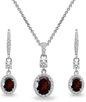 B. BRILLIANT Sterling Silver Genuine or Synthetic Gemstone Oval Halo Pendant Necklace & Dangle Earrings Jewelry Set for Women with Box