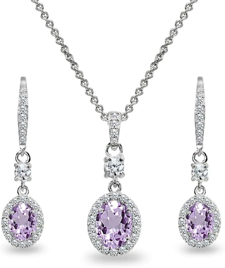 B. BRILLIANT Sterling Silver Genuine or Synthetic Gemstone Oval Halo Pendant Necklace & Dangle Earrings Jewelry Set for Women with Box