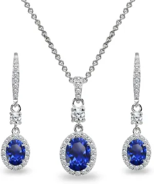 B. BRILLIANT Sterling Silver Genuine or Synthetic Gemstone Oval Halo Pendant Necklace & Dangle Earrings Jewelry Set for Women with Box