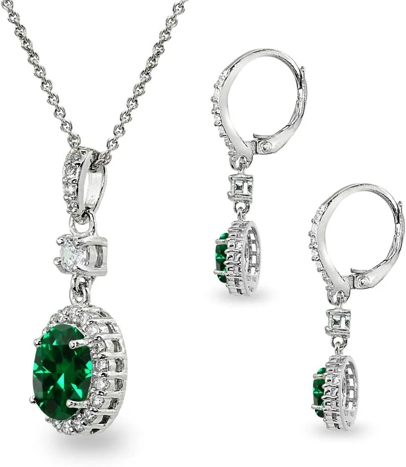 B. BRILLIANT Sterling Silver Genuine or Synthetic Gemstone Oval Halo Pendant Necklace & Dangle Earrings Jewelry Set for Women with Box