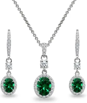 B. BRILLIANT Sterling Silver Genuine or Synthetic Gemstone Oval Halo Pendant Necklace & Dangle Earrings Jewelry Set for Women with Box