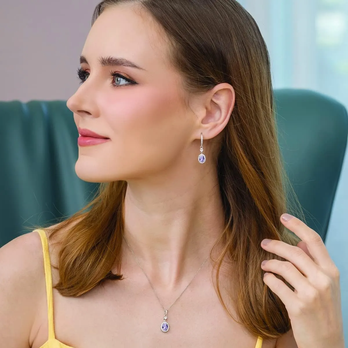 B. BRILLIANT Sterling Silver Genuine or Synthetic Gemstone Oval Halo Pendant Necklace & Dangle Earrings Jewelry Set for Women with Box