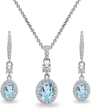 B. BRILLIANT Sterling Silver Genuine or Synthetic Gemstone Oval Halo Pendant Necklace & Dangle Earrings Jewelry Set for Women with Box