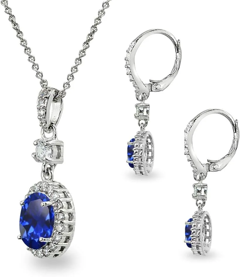 B. BRILLIANT Sterling Silver Genuine or Synthetic Gemstone Oval Halo Pendant Necklace & Dangle Earrings Jewelry Set for Women with Box