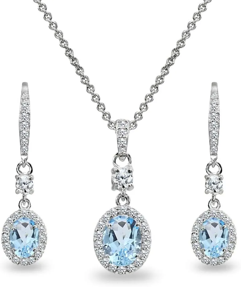 B. BRILLIANT Sterling Silver Genuine or Synthetic Gemstone Oval Halo Pendant Necklace & Dangle Earrings Jewelry Set for Women with Box