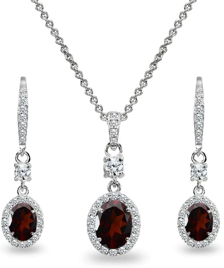 B. BRILLIANT Sterling Silver Genuine or Synthetic Gemstone Oval Halo Pendant Necklace & Dangle Earrings Jewelry Set for Women with Box