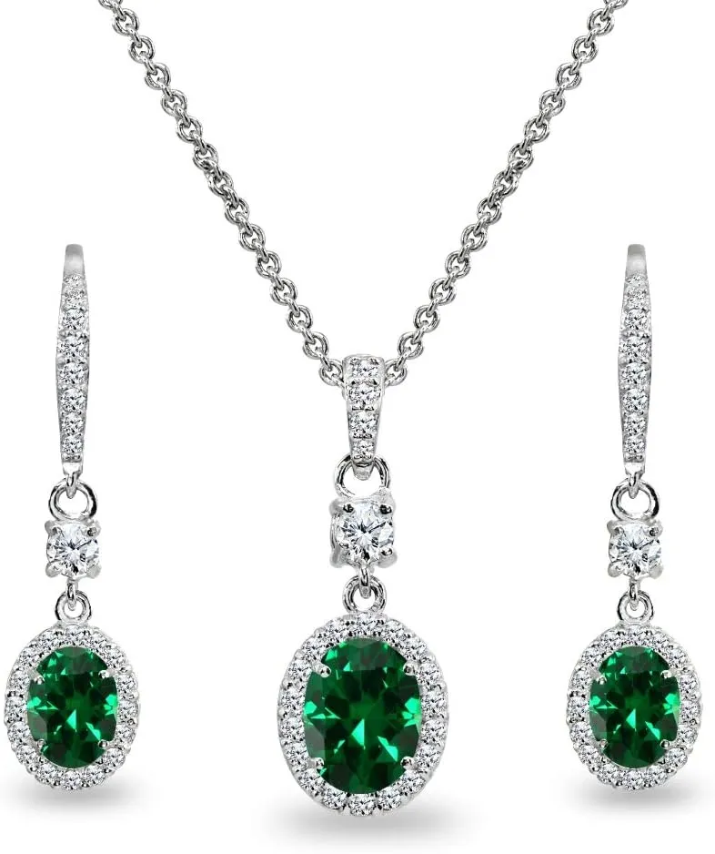 B. BRILLIANT Sterling Silver Genuine or Synthetic Gemstone Oval Halo Pendant Necklace & Dangle Earrings Jewelry Set for Women with Box