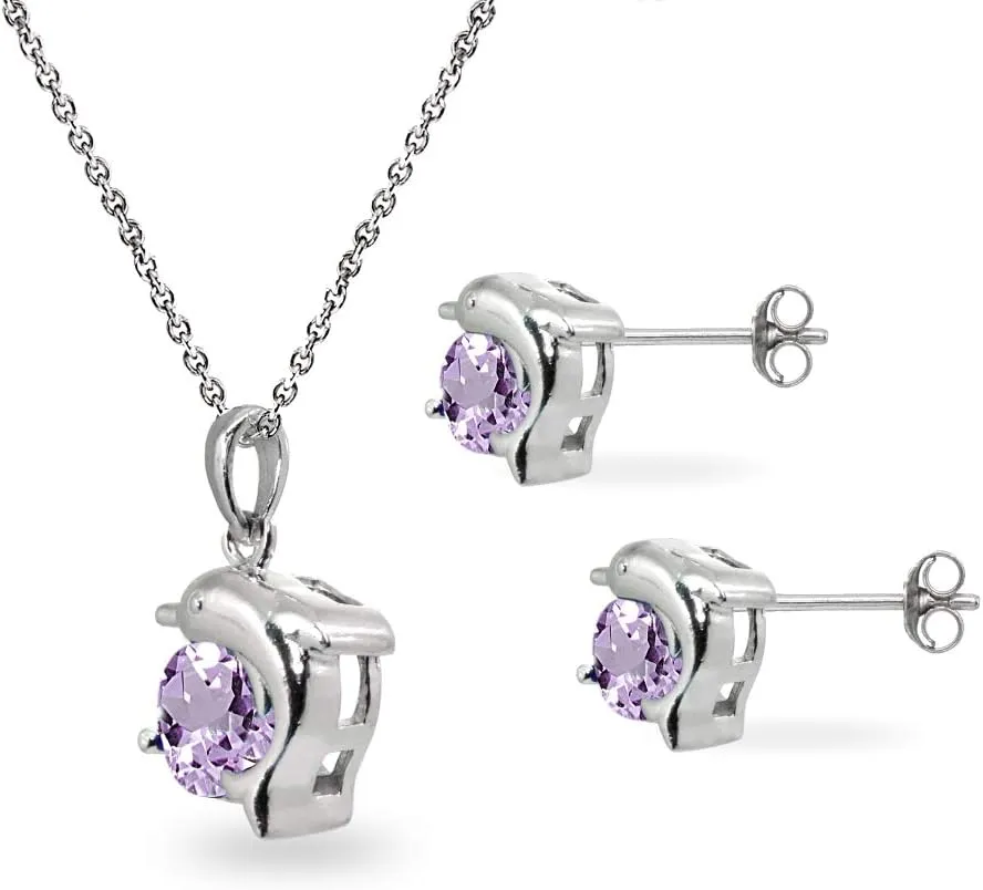 B. BRILLIANT Sterling Silver Genuine or Synthetic Gemstone Round-Cut Dolphin Animal Dainty Pendant Necklace & Stud Earrings Set