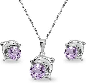 B. BRILLIANT Sterling Silver Genuine or Synthetic Gemstone Round-Cut Dolphin Animal Dainty Pendant Necklace & Stud Earrings Set