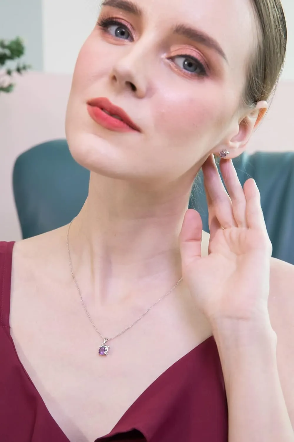 B. BRILLIANT Sterling Silver Genuine or Synthetic Gemstone Round-Cut Dolphin Animal Dainty Pendant Necklace & Stud Earrings Set