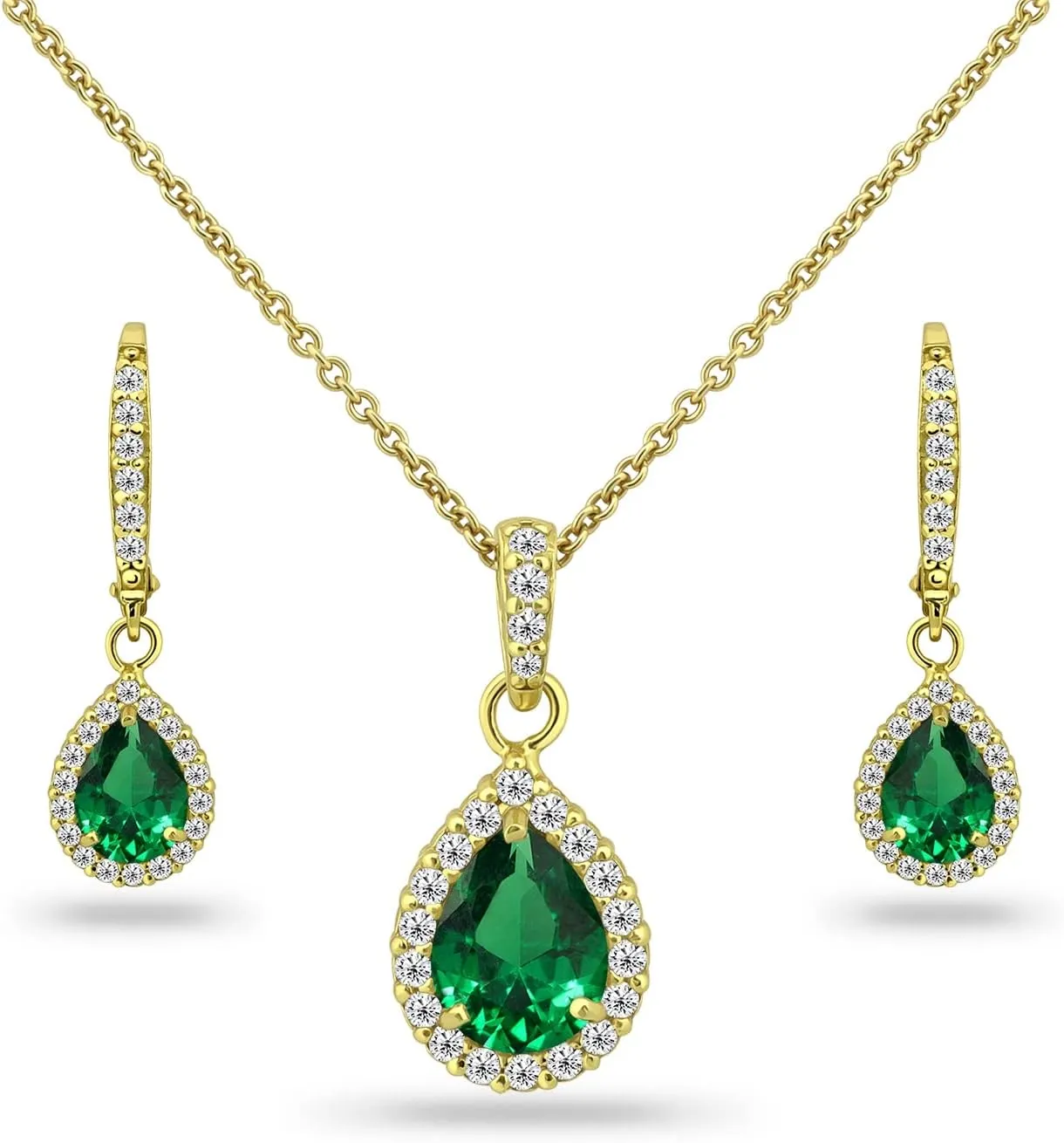 B. BRILLIANT Sterling Silver Genuine, Simulated Gemstone Halo Dainty Pear Teardrop Necklace & Earrings Jewelry Set for Women with Gift Box