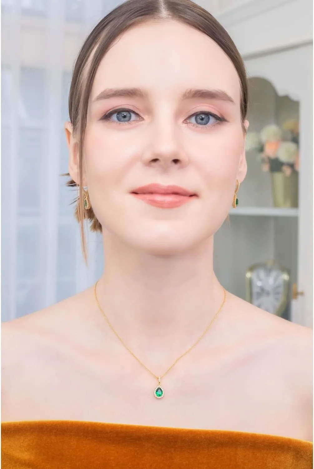 B. BRILLIANT Sterling Silver Genuine, Simulated Gemstone Halo Dainty Pear Teardrop Necklace & Earrings Jewelry Set for Women with Gift Box