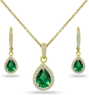 B. BRILLIANT Sterling Silver Genuine, Simulated Gemstone Halo Dainty Pear Teardrop Necklace & Earrings Jewelry Set for Women with Gift Box