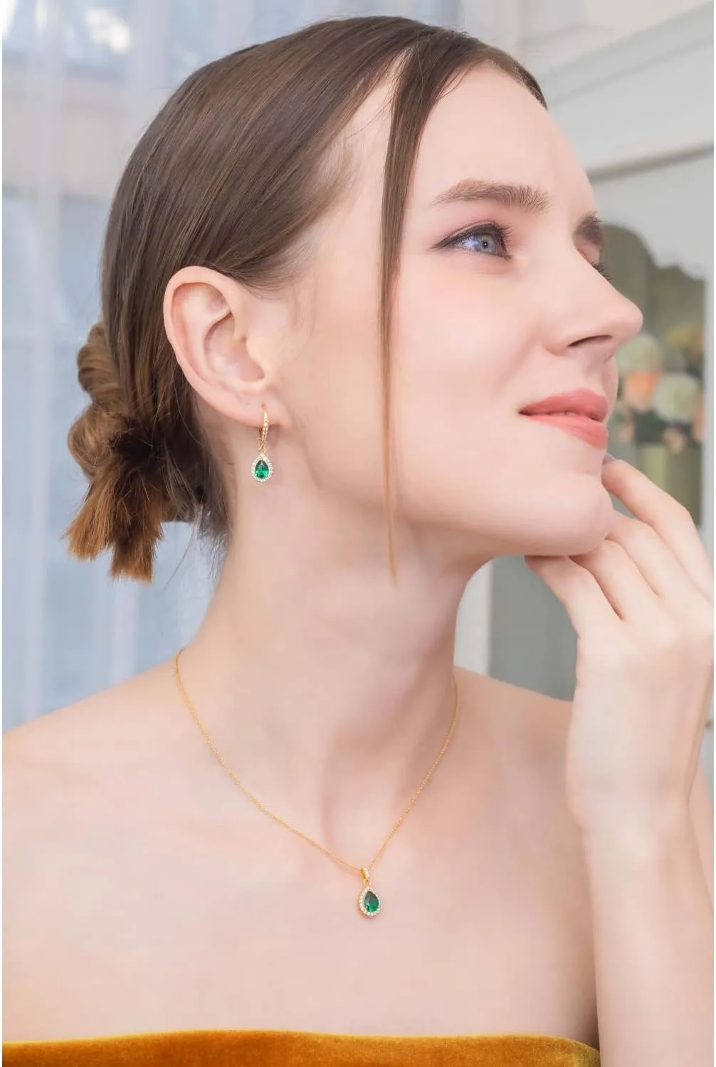 B. BRILLIANT Sterling Silver Genuine, Simulated Gemstone Halo Dainty Pear Teardrop Necklace & Earrings Jewelry Set for Women with Gift Box