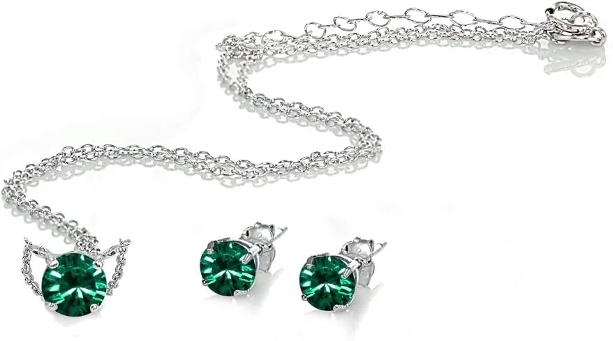 B. BRILLIANT Sterling Silver Round Solitaire Colored Crystal Stud Earrings & Short Necklace Jewelry Set for Women
