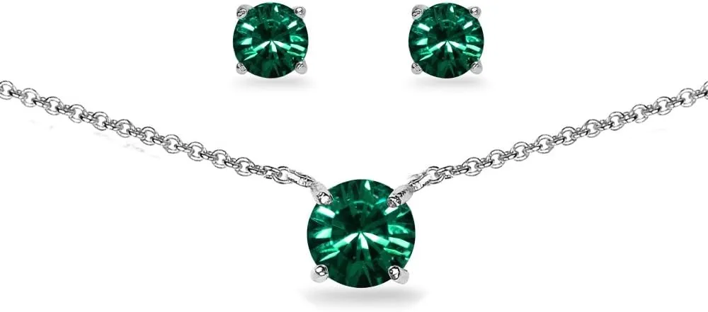 B. BRILLIANT Sterling Silver Round Solitaire Colored Crystal Stud Earrings & Short Necklace Jewelry Set for Women