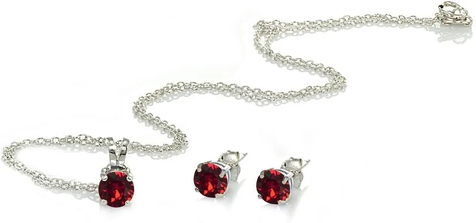 B. BRILLIANT Sterling Silver Small Dainty Crystal Solitaire Necklace & Stud Earrings Birthstone Jewelry Set for Women Bridesmaids