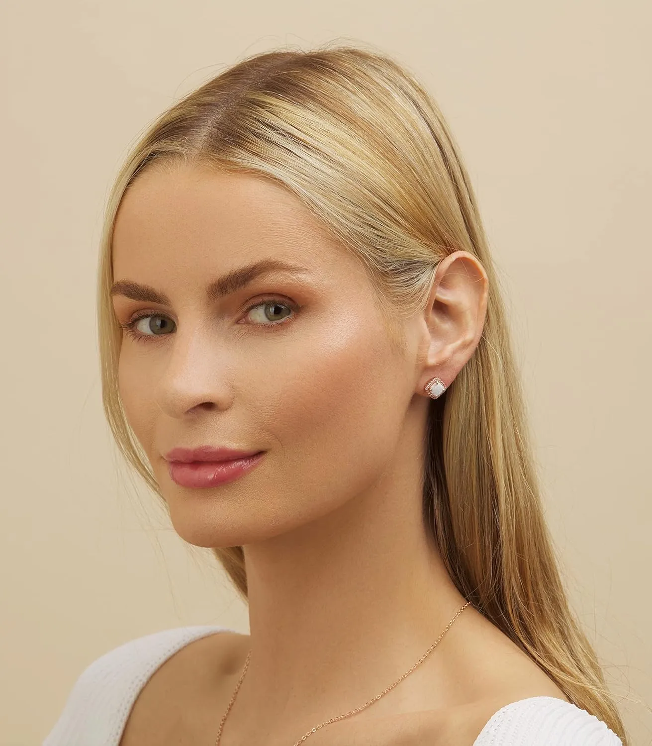 Barzel White Gold Plated Created White Opal Stud Earrings for Women - Made In Brazil