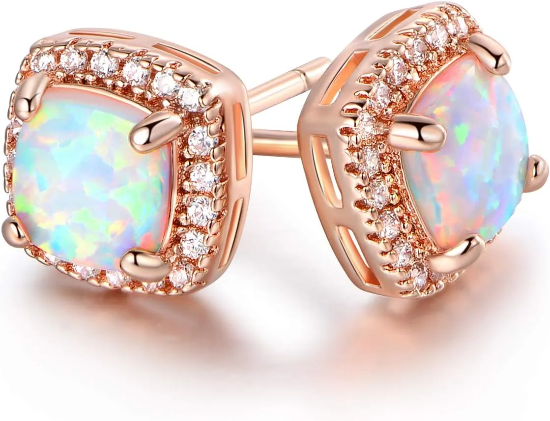 Barzel White Gold Plated Created White Opal Stud Earrings for Women - Made In Brazil