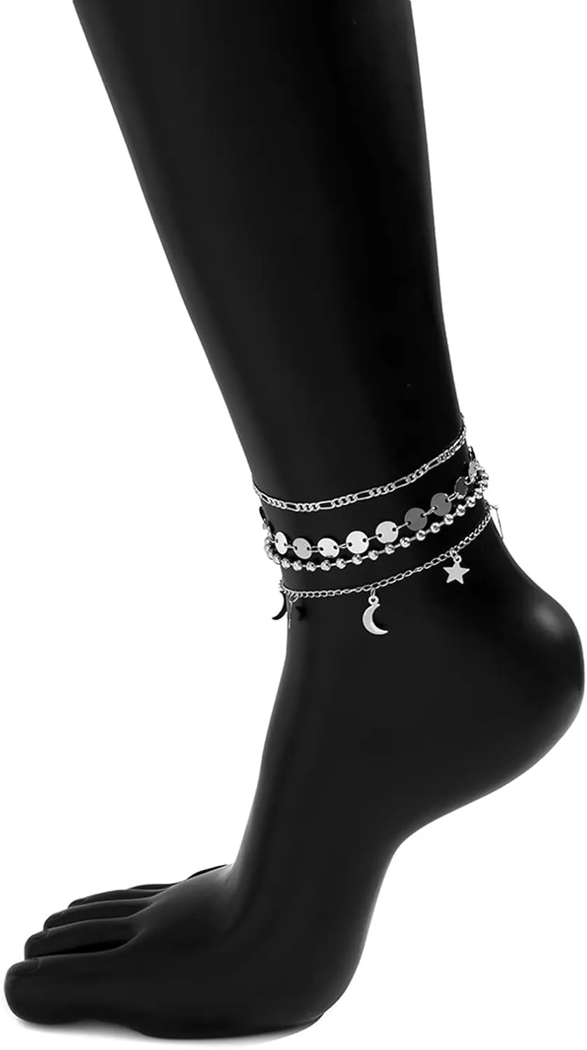 Beach Anklets for Women, Anklet for Women Gold Moon Stars Pendant and Bead Chain Shape Women's Charm Alloy Ankle Bracelet 27cm