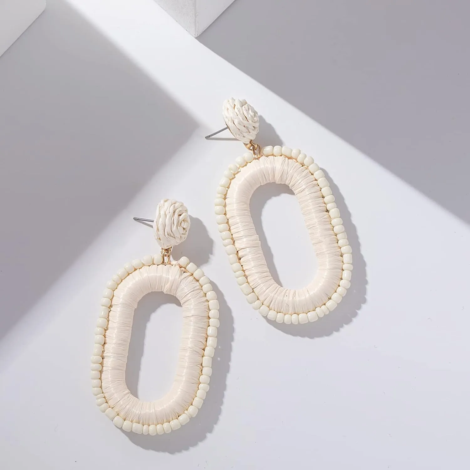 Beaded Raffia Boho Earrings - Cute Seed Bead Square Drop Dangle Earrings for Summer