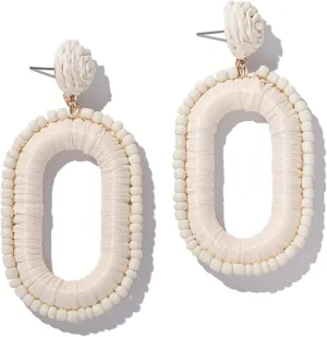 Beaded Raffia Boho Earrings - Cute Seed Bead Square Drop Dangle Earrings for Summer