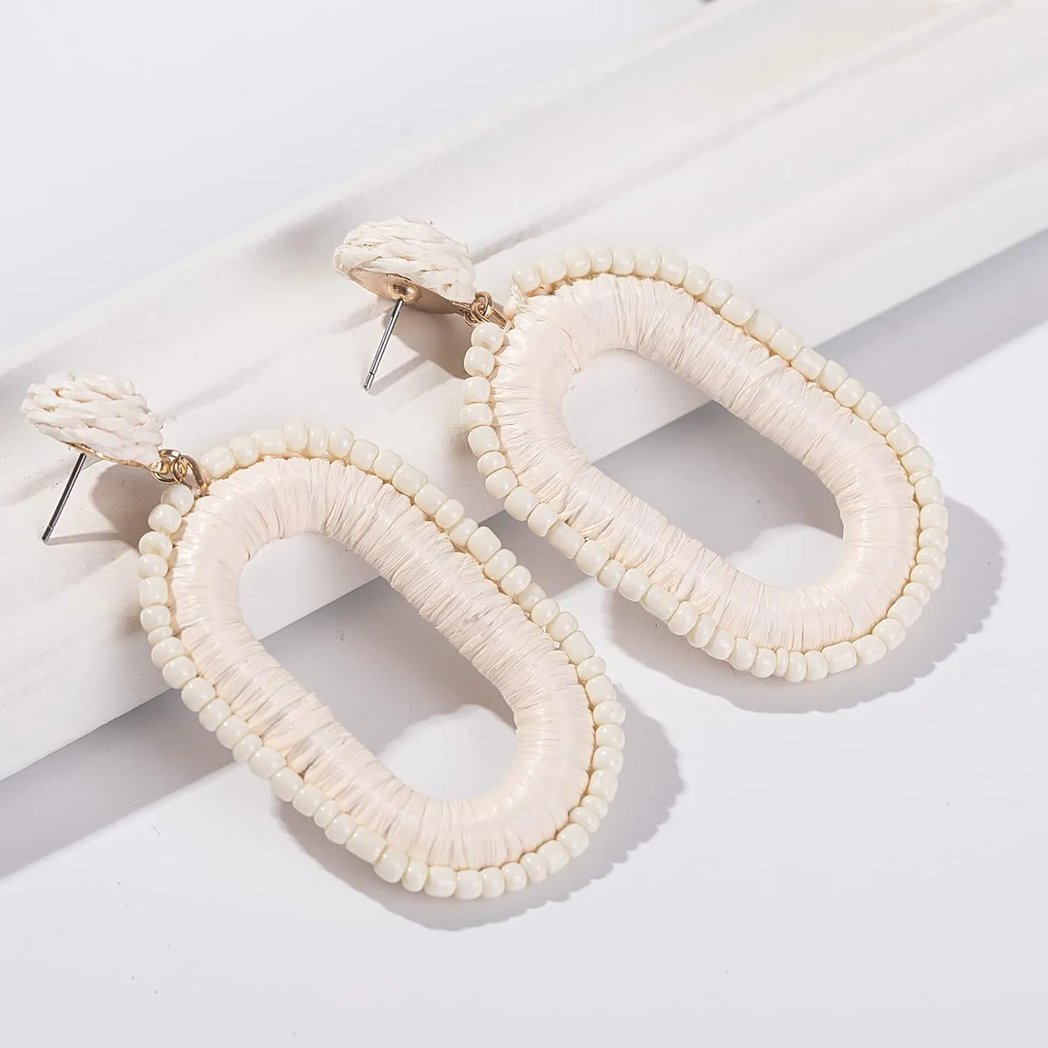 Beaded Raffia Boho Earrings - Cute Seed Bead Square Drop Dangle Earrings for Summer