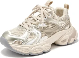 BEAU TODAY Womens Chunky Sneakers Platform Fashion Sneakers for Women Non-Slip Breathable Women's Dad Shoes Comfortable Lace-up Wide Width Tennis Shoes Gold US 9