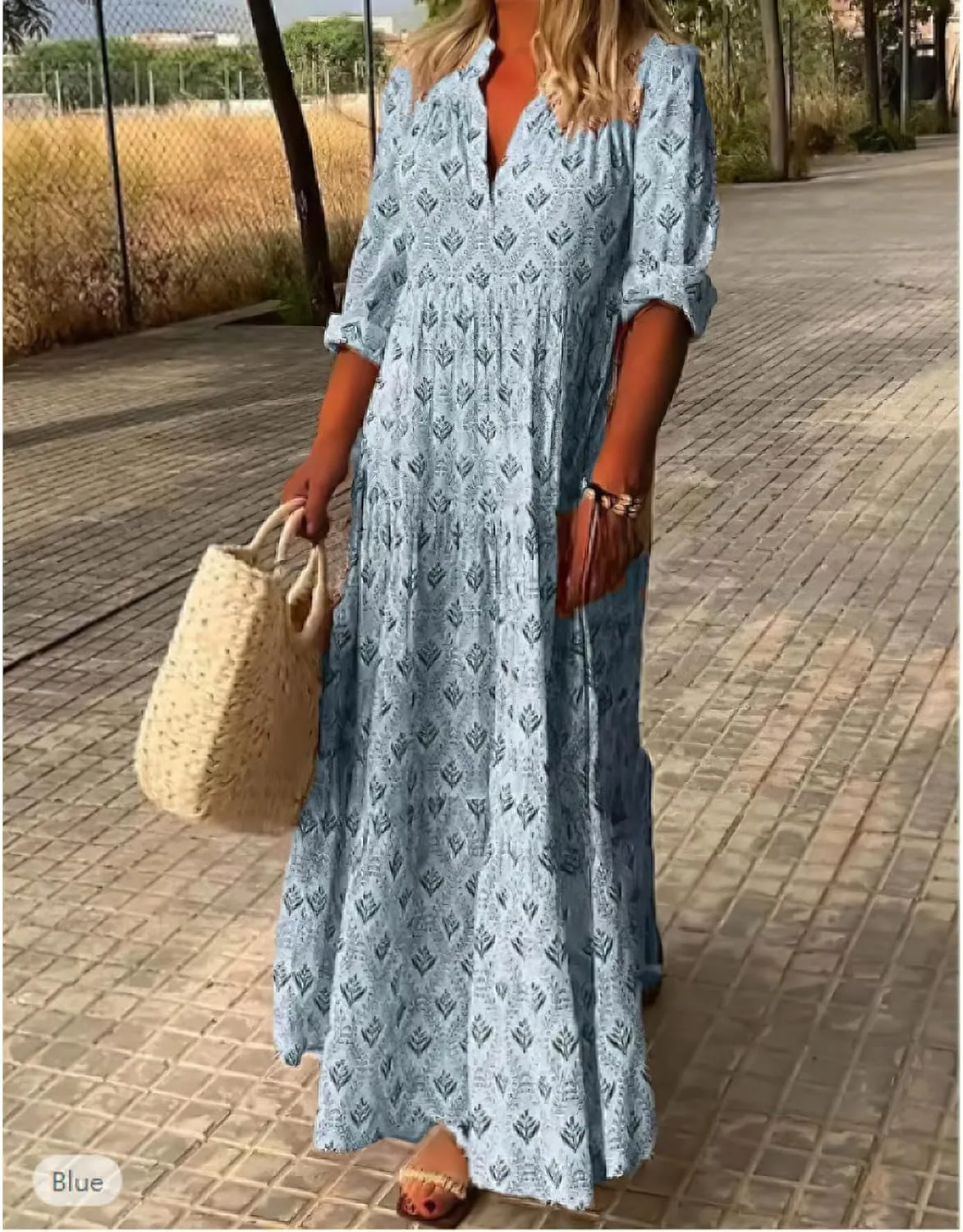 Bengbobar Women's Floral Print Boho Maxi Dress for Women Long Sleeve Casual Flowy Waist Mock Neck Beach Tunic Long Dress