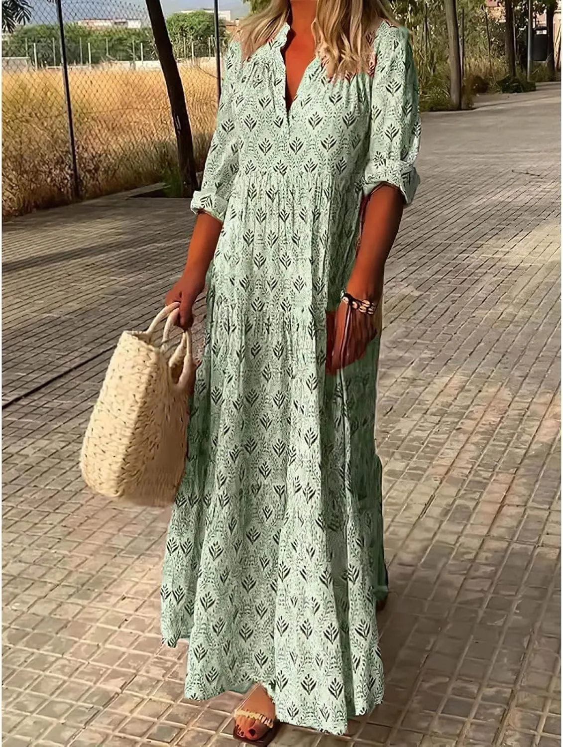 Bengbobar Women's Floral Print Boho Maxi Dress for Women Long Sleeve Casual Flowy Waist Mock Neck Beach Tunic Long Dress