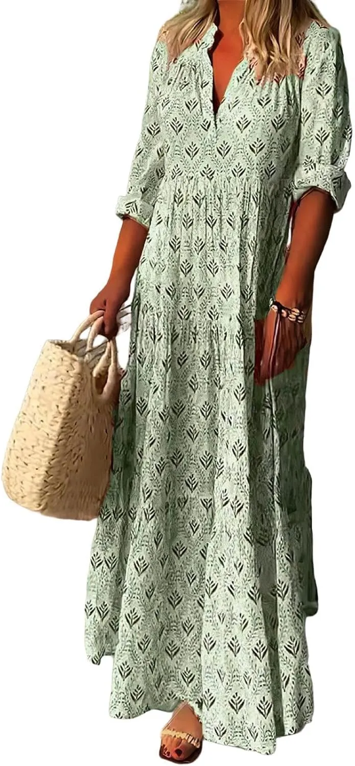 Bengbobar Women's Floral Print Boho Maxi Dress for Women Long Sleeve Casual Flowy Waist Mock Neck Beach Tunic Long Dress
