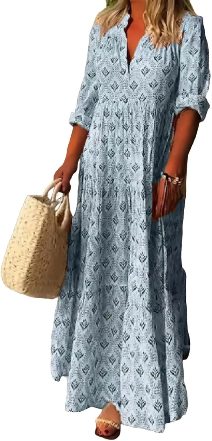 Bengbobar Women's Floral Print Boho Maxi Dress for Women Long Sleeve Casual Flowy Waist Mock Neck Beach Tunic Long Dress