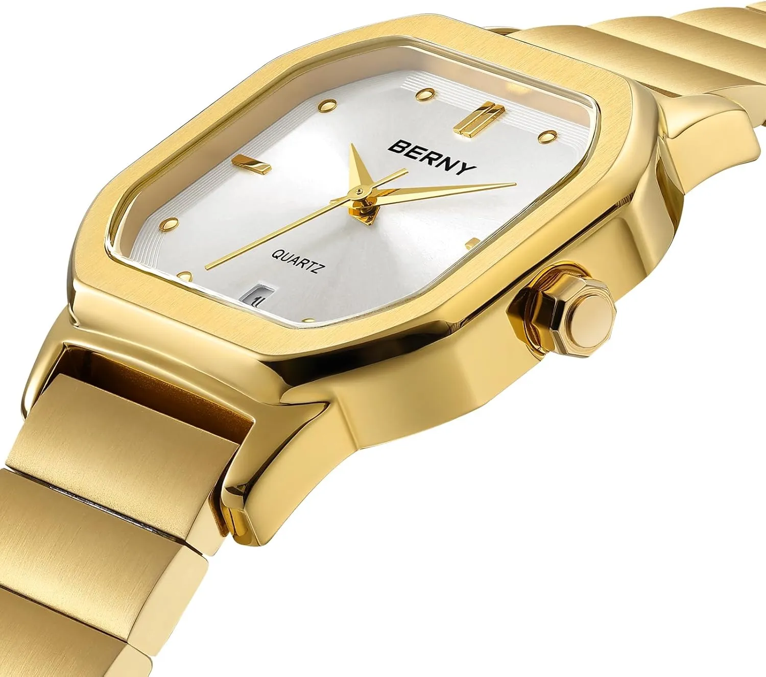 BERNY Gold Watch for Men Luxury Square Quartz Watch Men's Casual Analog Watches with Date Calendar Japanese Movement Stainless Steel Case/Watch Band