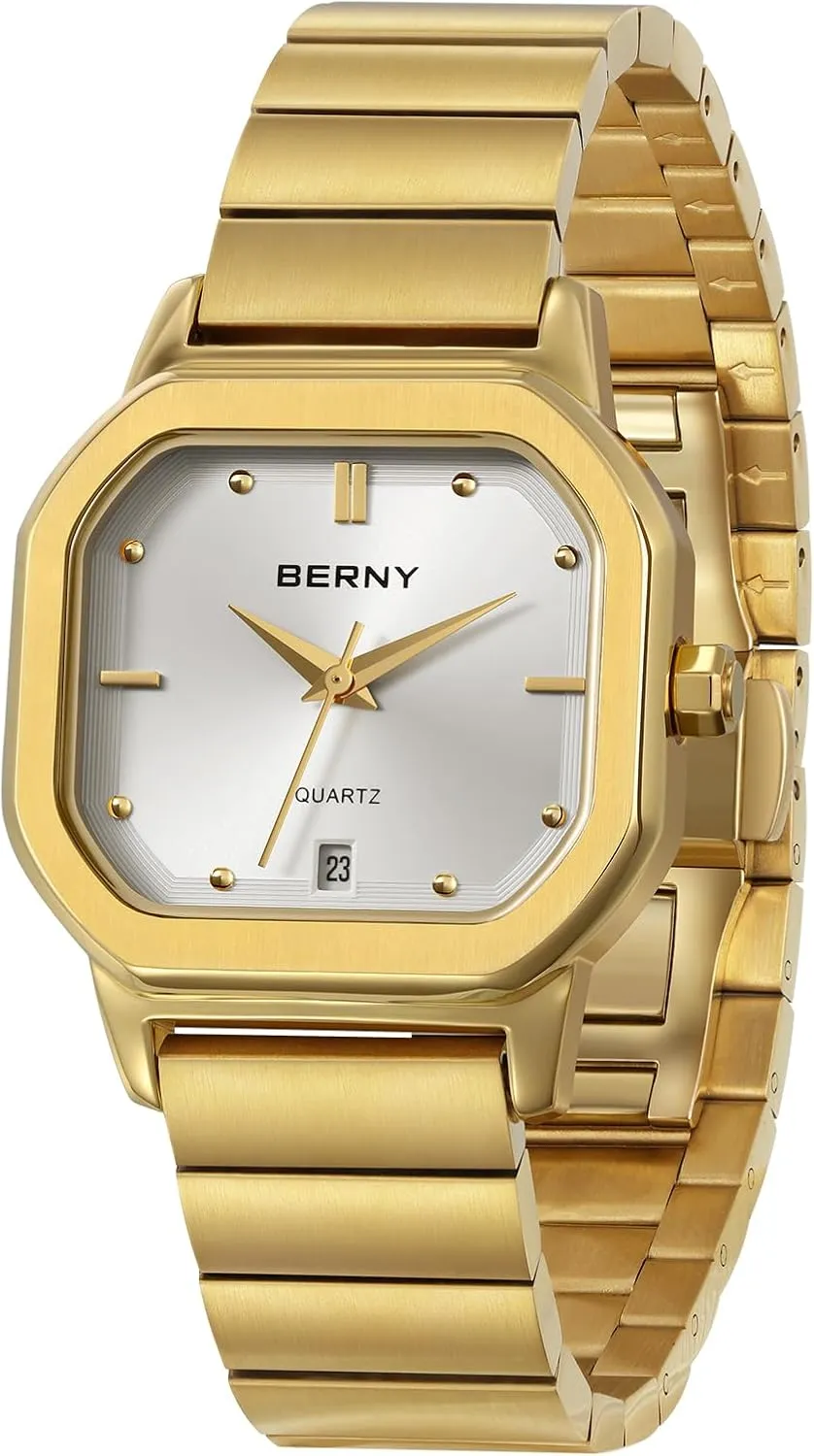 BERNY Gold Watch for Men Luxury Square Quartz Watch Men's Casual Analog Watches with Date Calendar Japanese Movement Stainless Steel Case/Watch Band