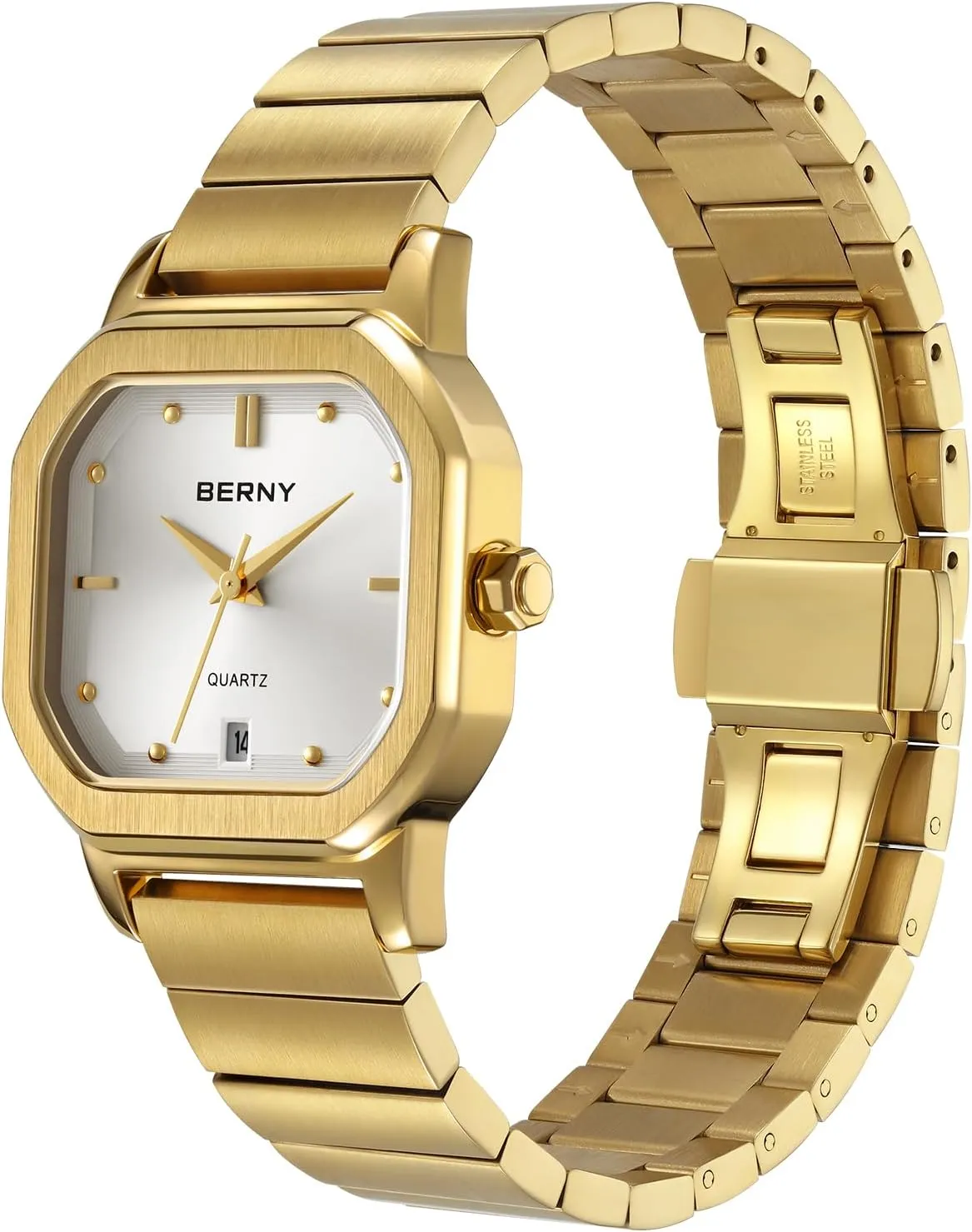 BERNY Gold Watch for Men Luxury Square Quartz Watch Men's Casual Analog Watches with Date Calendar Japanese Movement Stainless Steel Case/Watch Band