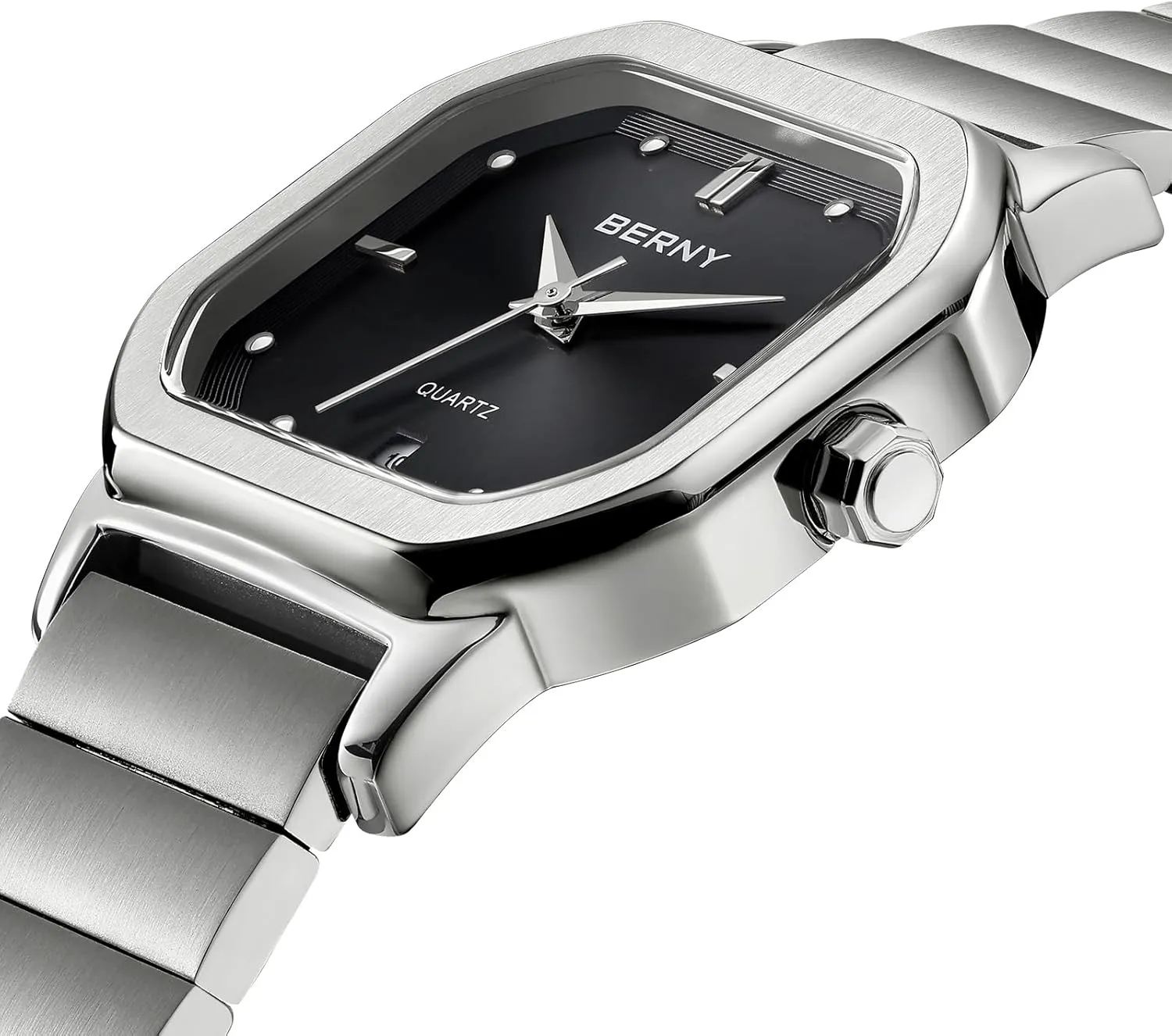BERNY Silver Watch for Men Classic Square Quartz Watch Men's Casual Analog Watches with Date Calendar Japanese Movement Stainless Steel Case/Watch Band