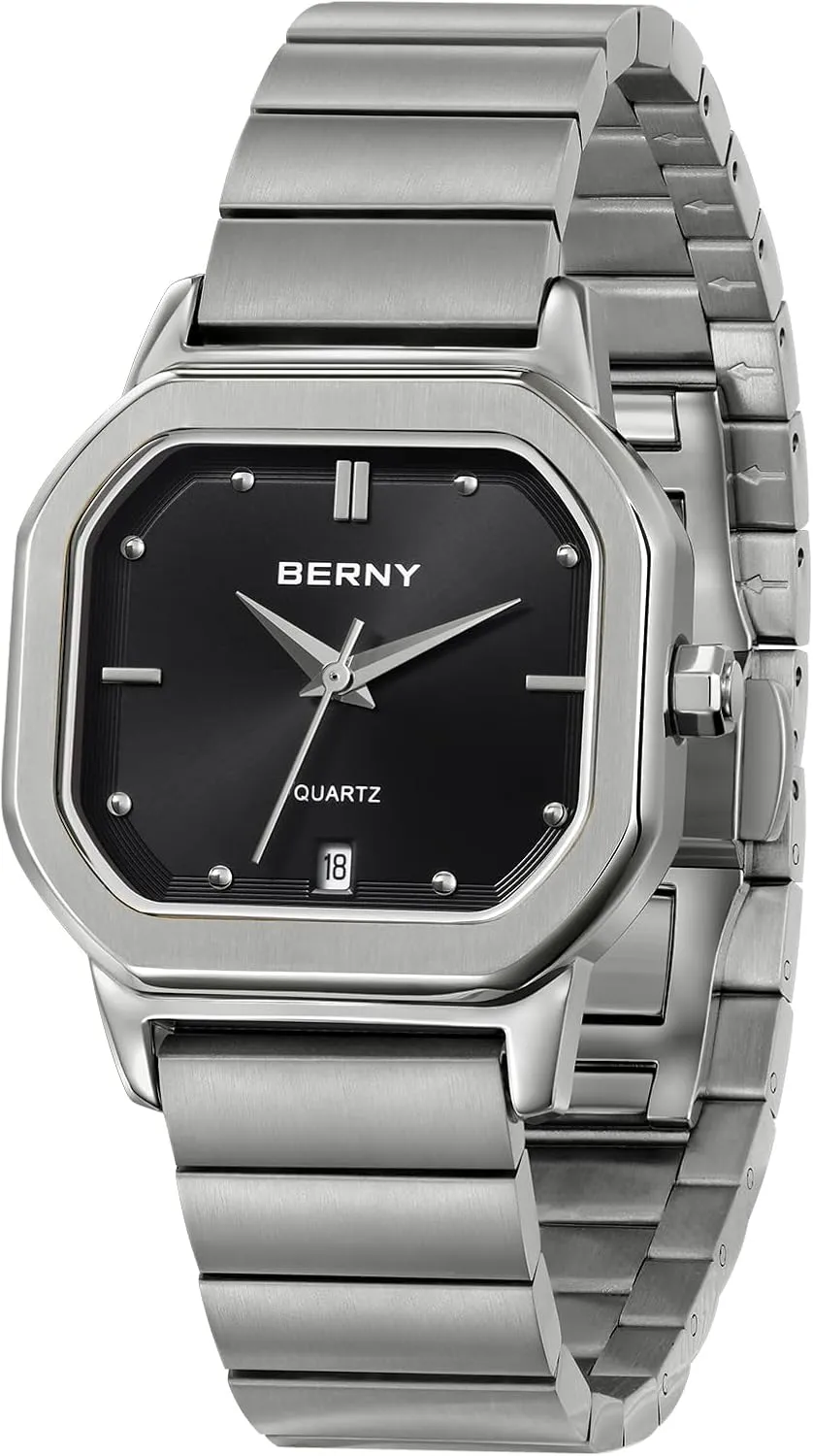 BERNY Silver Watch for Men Classic Square Quartz Watch Men's Casual Analog Watches with Date Calendar Japanese Movement Stainless Steel Case/Watch Band