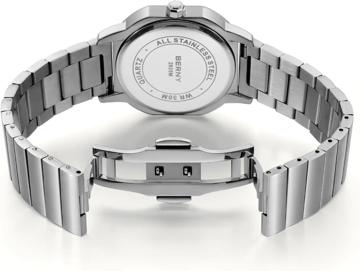 BERNY Silver Watch for Men Classic Square Quartz Watch Men's Casual Analog Watches with Date Calendar Japanese Movement Stainless Steel Case/Watch Band