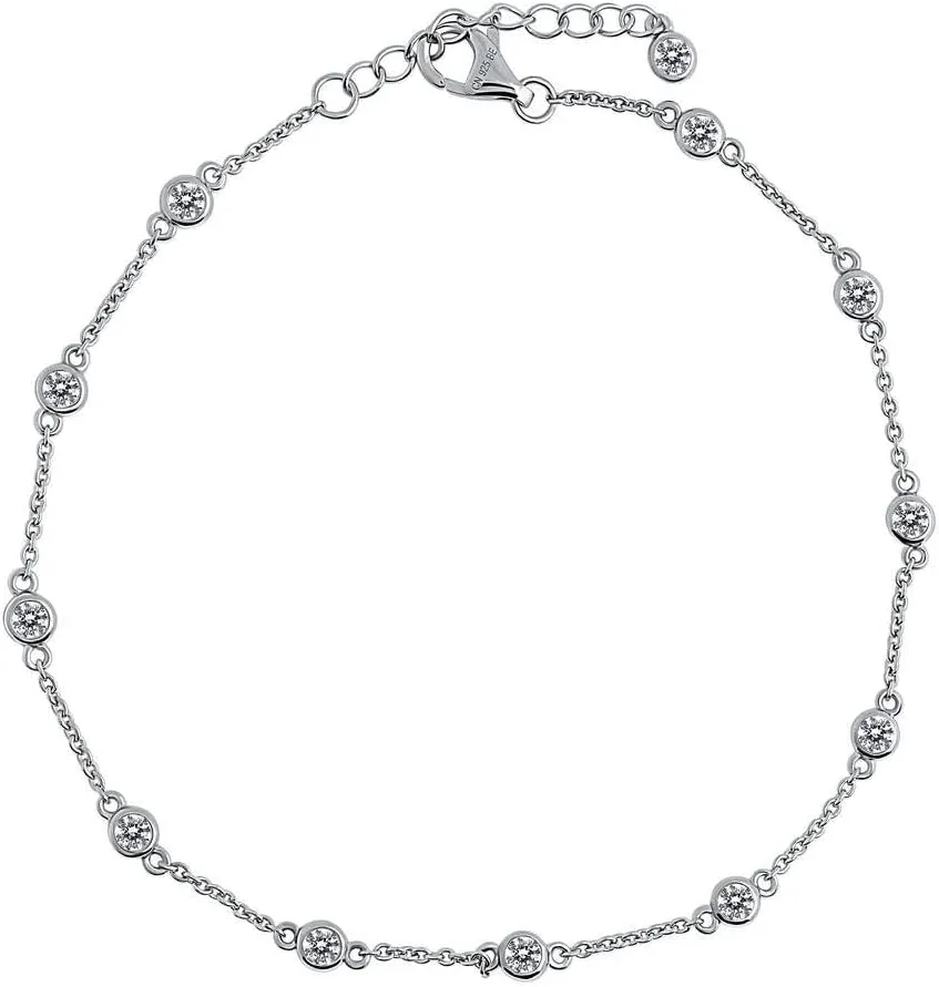 BERRICLE Sterling Silver Cubic Zirconia CZ by Yard Fashion Rolo Chain Station Anklet Ankle Bracelet for Women, Rhodium Plated