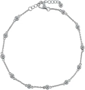BERRICLE Sterling Silver Cubic Zirconia CZ by Yard Fashion Rolo Chain Station Anklet Ankle Bracelet for Women, Rhodium Plated