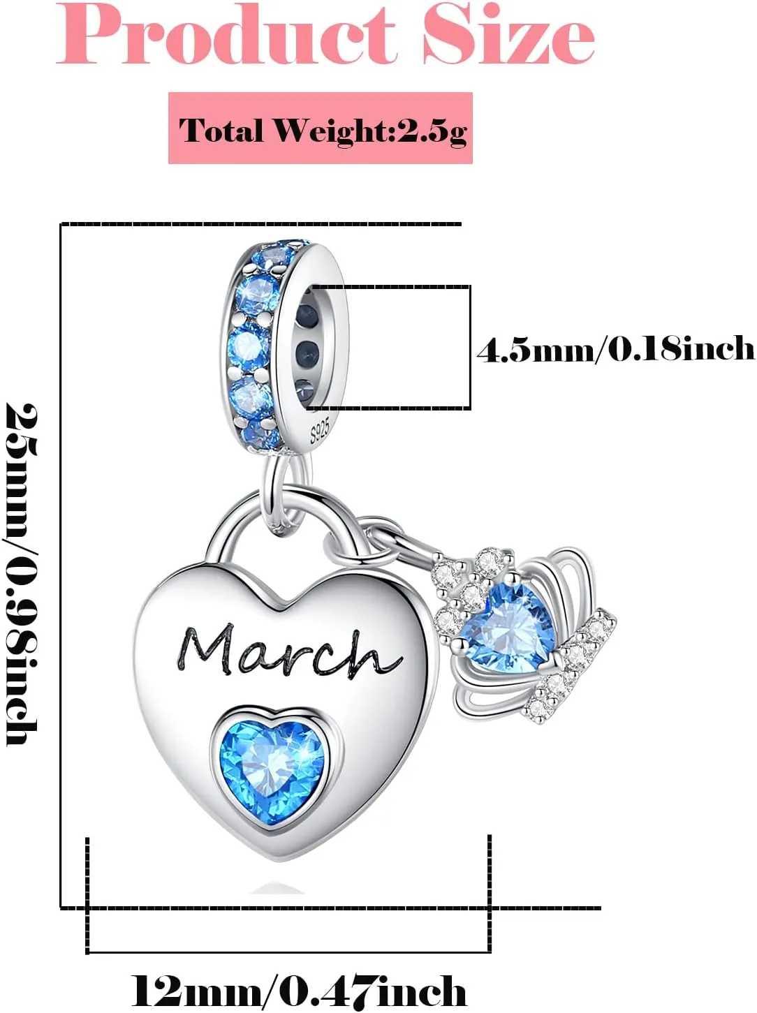Birthstone Charms for Charms Bracelet: 925 Sterling Silver Heart Dangle Charms for Bracelets and Necklaces, Birthday Mother's Day Christmas Jewelry Gifts For Women.