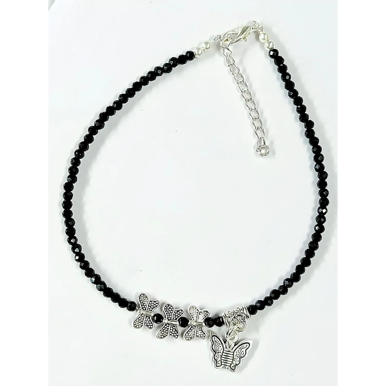 Black Bead Crystal Charm Anklet Bracelet Handmade Simple Summer Beach Waterproof Ankle Foot Chain Bracelets for Women Minimalist Jewelry Adjustable (Butterfly Charm 1)
