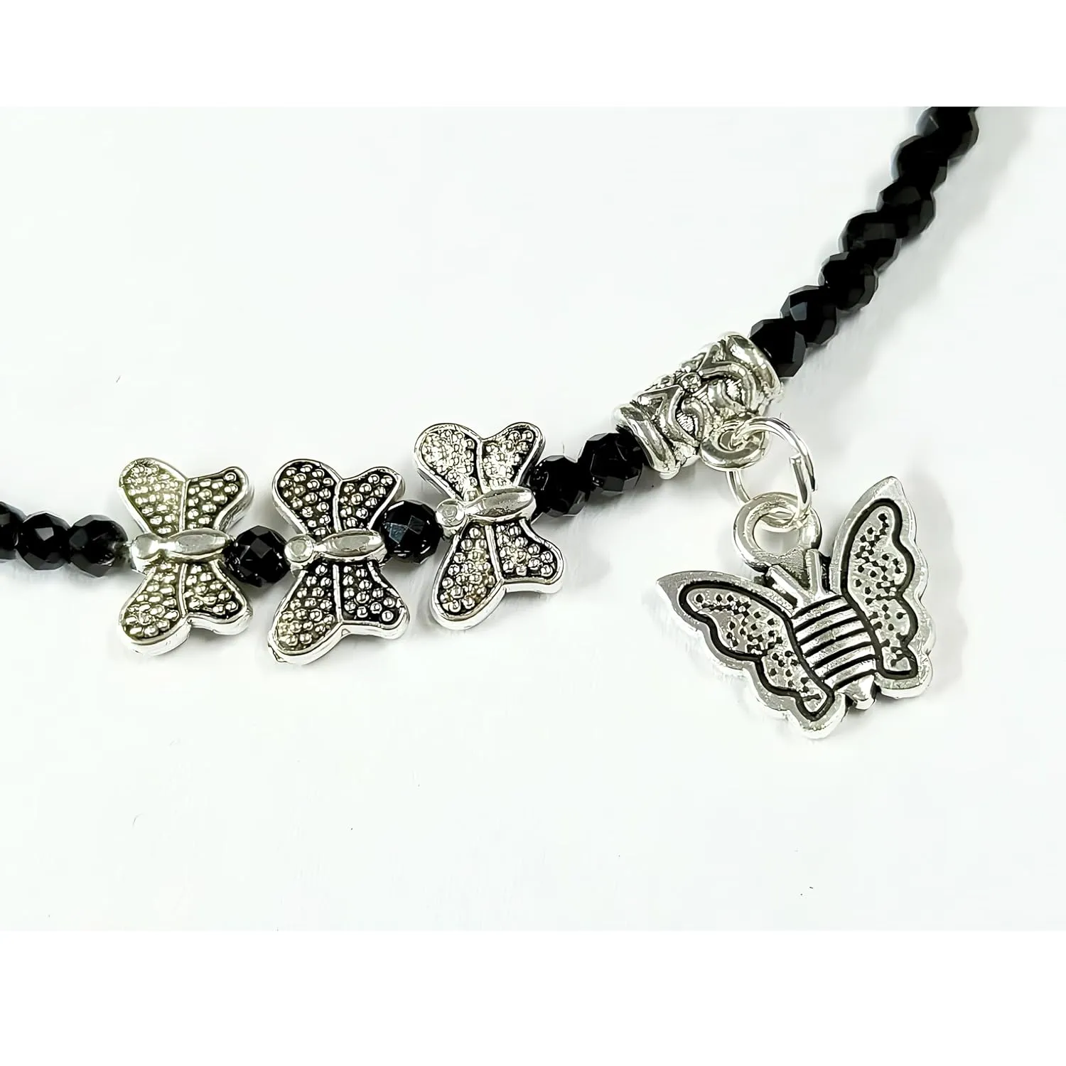 Black Bead Crystal Charm Anklet Bracelet Handmade Simple Summer Beach Waterproof Ankle Foot Chain Bracelets for Women Minimalist Jewelry Adjustable (Butterfly Charm 1)