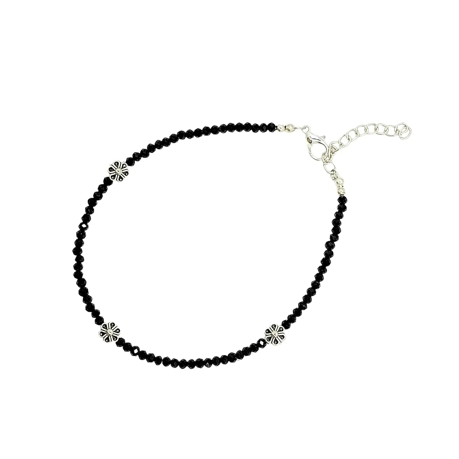 Black Bead Crystal Charm Anklet Bracelet Handmade Simple Summer Beach Waterproof Ankle Foot Chain Bracelets for Women Minimalist Jewelry-Adjustable (Flower With Black Bead)
